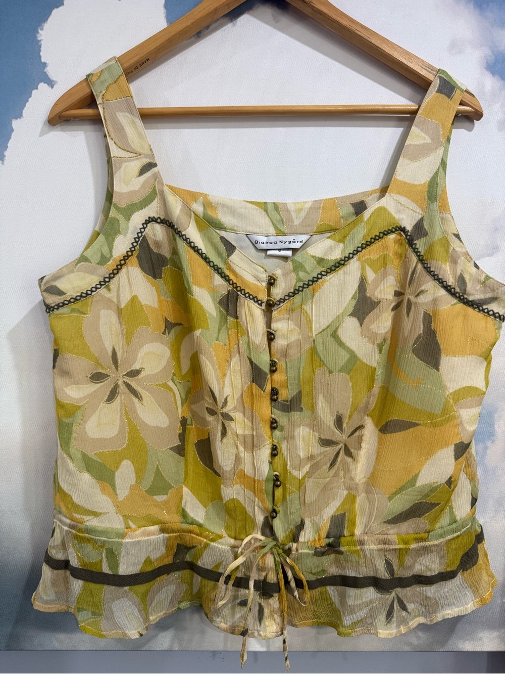 Vintage Silk Earthy Floral Camisole Ruffle Hem Y2K Fairycore Boho Chic Tie-Front - Picture 4 of 12